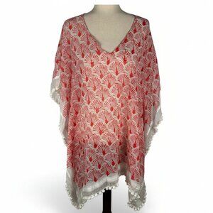 LN Roller Rabbit Coral Orange Fan Print Cotton Silk Pom Pom Resort Cover-Up Sz S